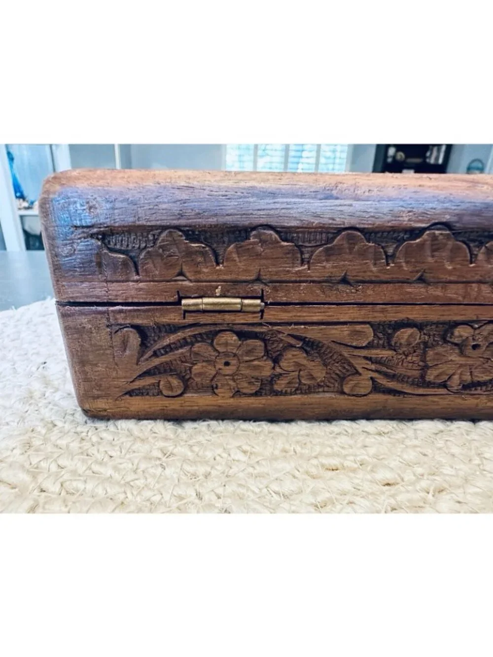 Vintage Carved Wooden Trinket Box Made in India Hinged Lined with Brass Inlay 8”